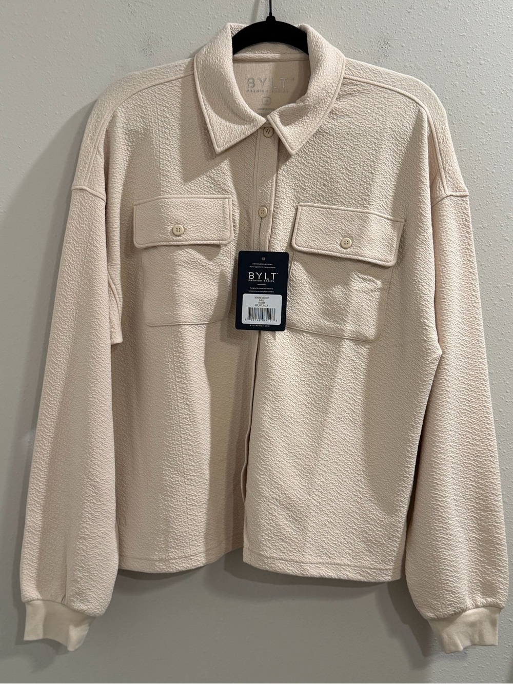 BYLT NWT Size Medium Shell Serene Shacket Casual Comfort Stretch Elevated Basics